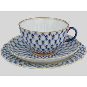 Vintage Lomonosov Imperial Porcelain Cobalt Net Trio Set Blue Gold Leaflet